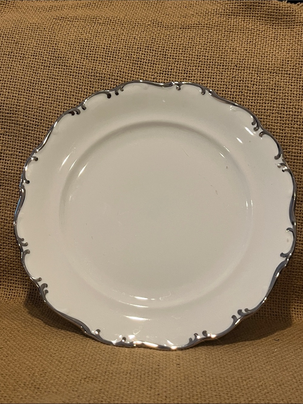 Elegant White Porcelain Dinner Plate with Silver Scalloped Edge. -8” plates.